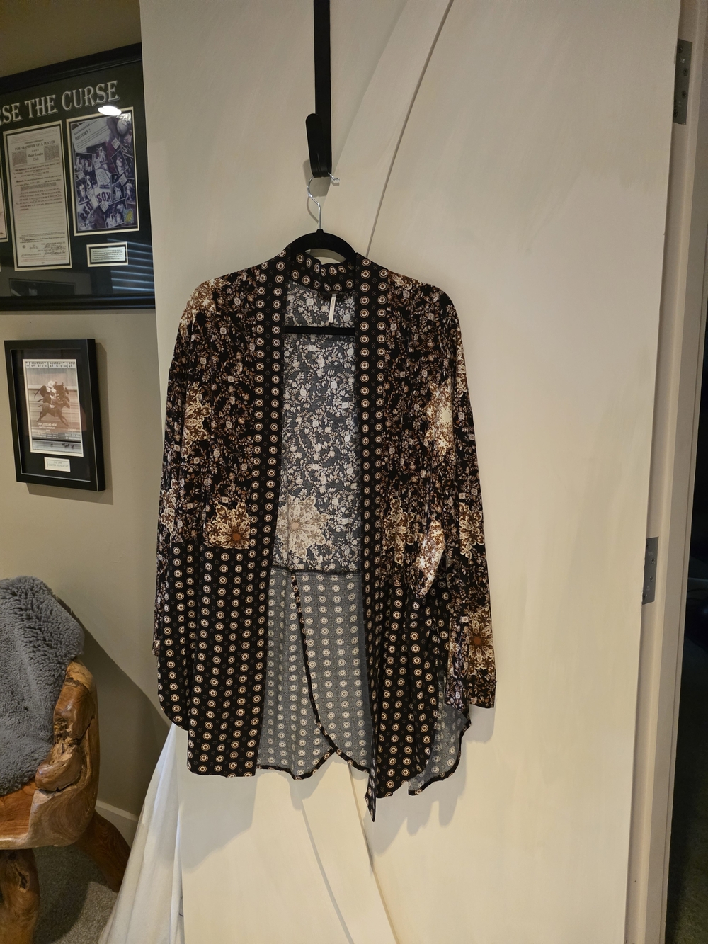 Free People Black Kimino with Cream Floral and Brown Medallion Accents